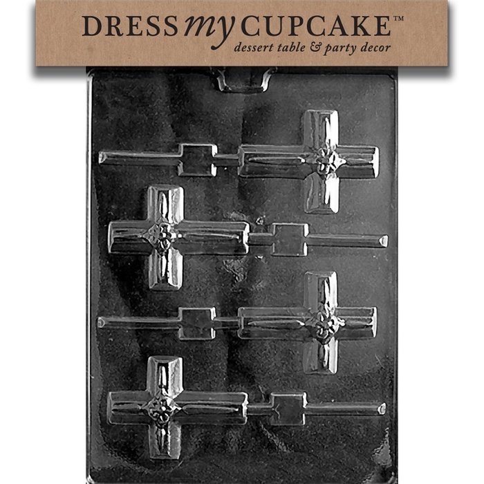 Dress My Cupcake Chocolate Candy Mold, Small Cross Lollipop with Flower