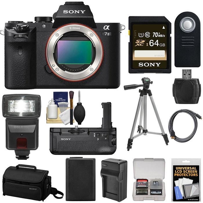 Sony Alpha A7 II Digital Camera Body with Grip + 64GB Card + Case + Battery & Charger + Flash + Tripod + Kit N2