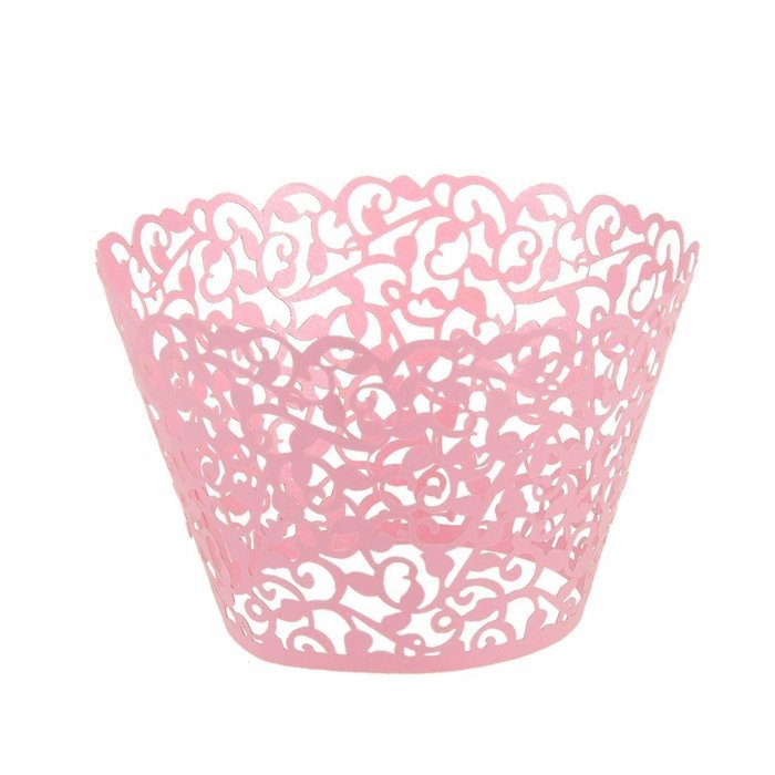PONATIA 50 Vine Filigree Lace Cupcake Wrapper Wraps Liner Wedding Party Cake Decoartion (Pink) N10