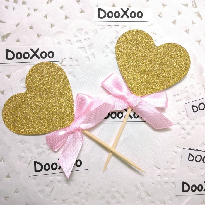 DOOXOO Gold Glitter Heart Pink Bow Cupcake Toppers Heart Toppers Gold Glitter Hearts Wedding Cupcake Toppers Wedding... N2