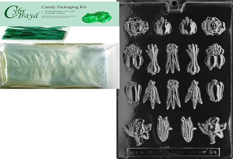 Cybrtrayd Bite Size Veggies Fruits and Vegetables Chocolate Candy Mold with Packaging Bundle of 25 Cello Bags,...