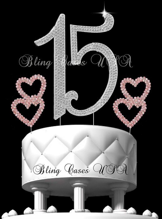 Deluxe Quinceanera 15 Number Cake Topper, In Rhinestone Crystals Cake Pick Set - Plus 2 Double Gorgeous Pink Hearts...