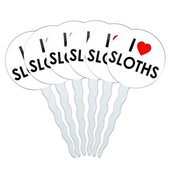 Set of 6 Cupcake Picks Toppers Decoration I Love Heart - Sloths N11