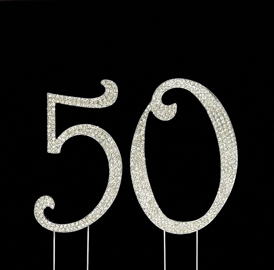 Large 50th Birthday / Wedding Anniversary Number Cake Topper with Sparkling Rhinestone Crystals - 4 1/2