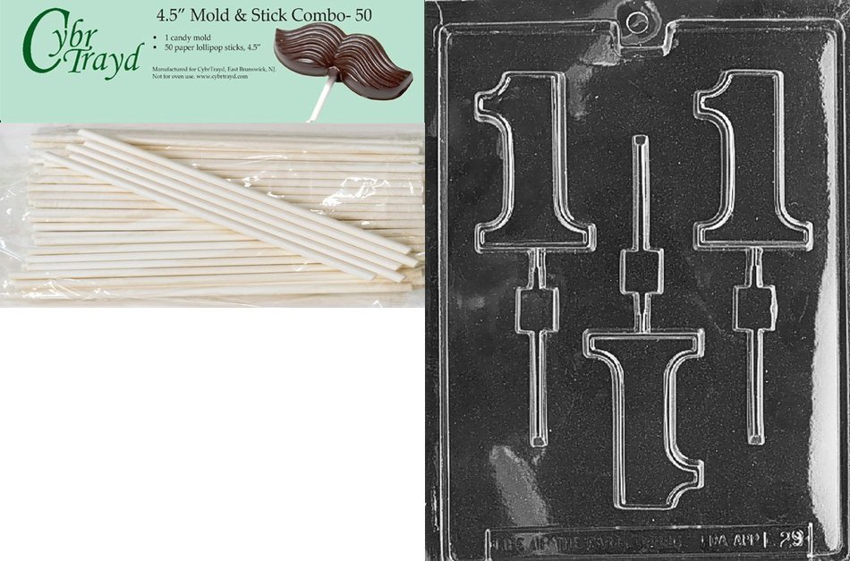 Cybrtrayd 45St50-L029 1 Lolly Letters and Numbers Chocolate Candy Mold with 50-Pack 4.5-Inch Lollipop Sticks