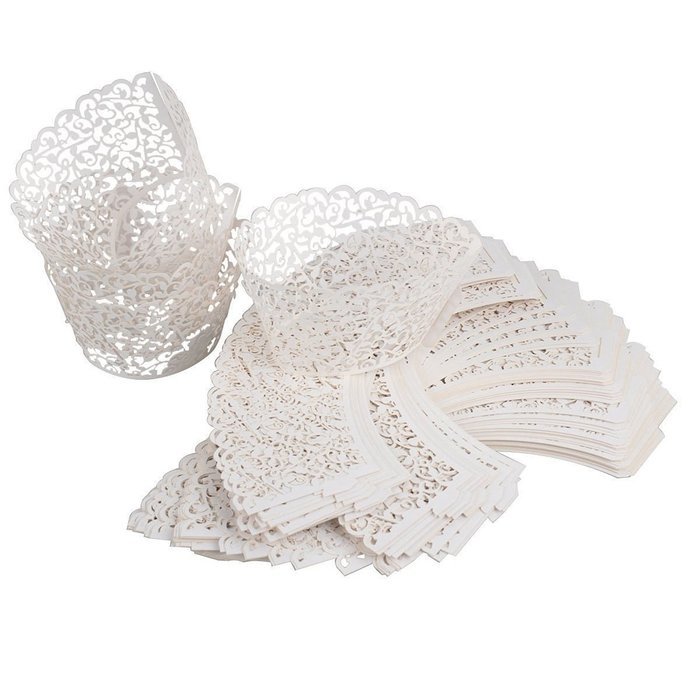 Bonayuanda Pack of 50 Filigree Vine Cupcake Wrappers Wraps Liner Wedding Party Cake Decoartion Gold+White N6