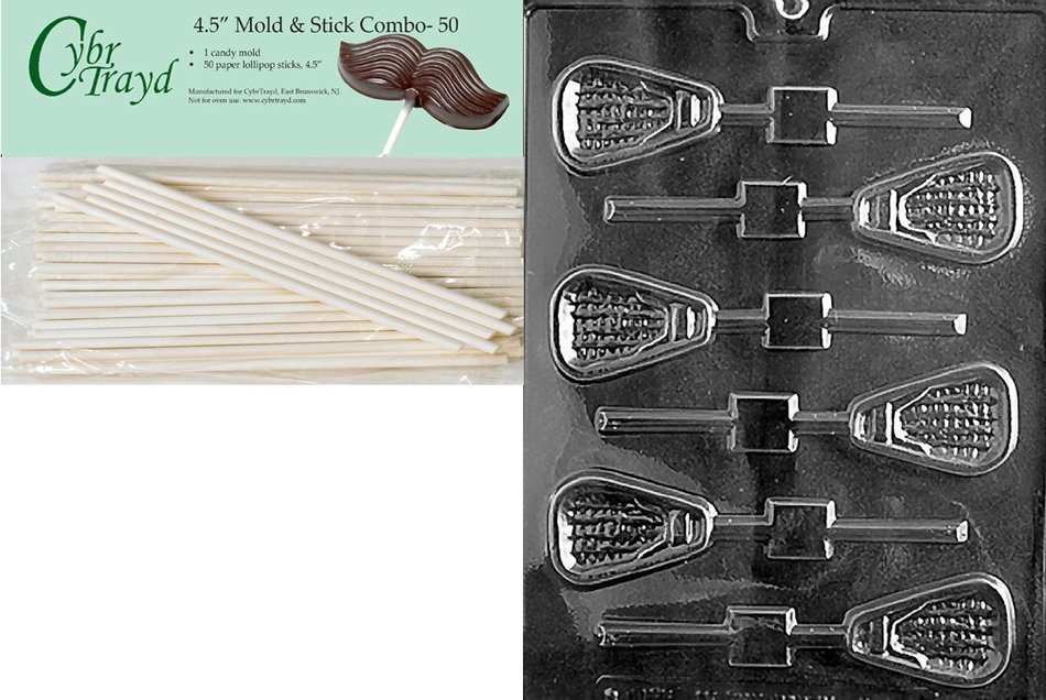 Cybrtrayd 45St50-S099 Lacrosse Lolly Sports Chocolate Candy Mold with 50-Pack 4.5-Inch Lollipop Sticks