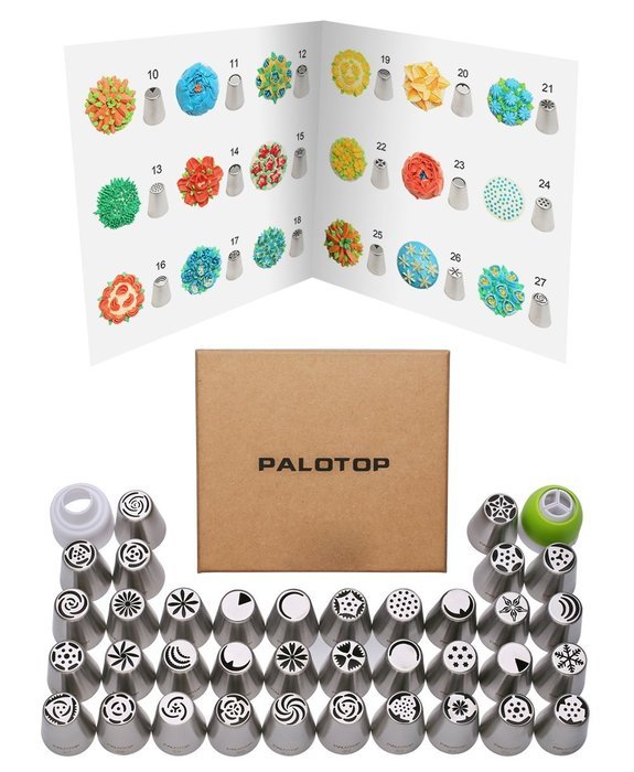 PALOTOP Russian Piping Tips 18-Pcs Set (7 Russian Tips 10 Disposable Pastry Bags 1 Tri-Color Coupler) N2