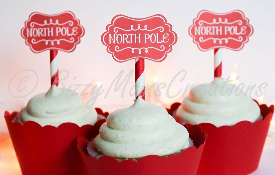 Set of 12 - CHRISTMAS North Pole Cupcake Toppers & Wrappers- Christmas Party D&eacute;cor - Party D&eacute;cor