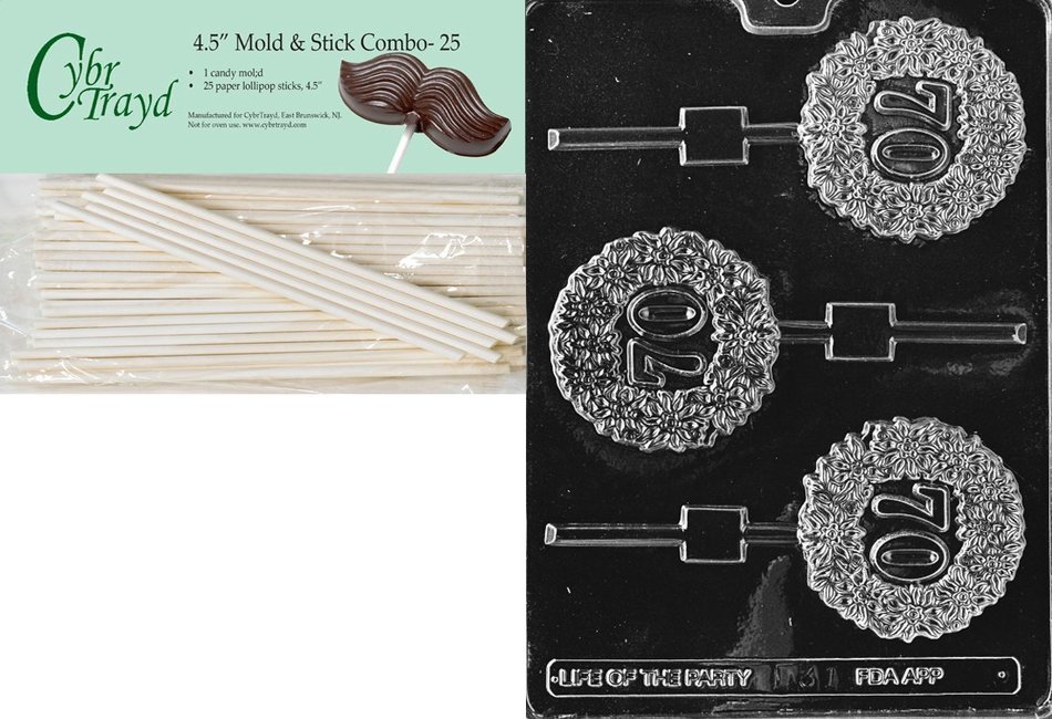 Cybrtrayd 45St25-L031 70 Lolly Letters and Numbers Chocolate Candy Mold with 25-Pack 4.5-Inch Lollipop Sticks