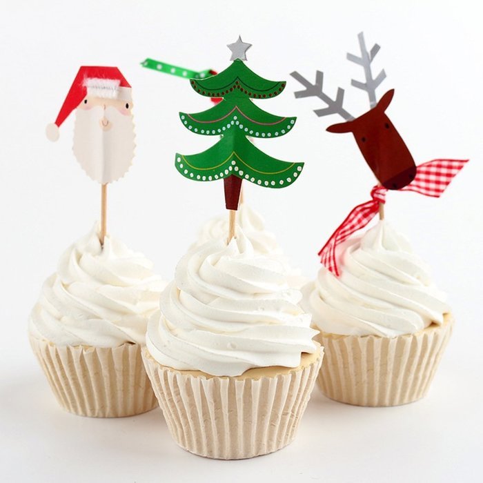 Pack of 24 Christmas Cake Toppers Picks Santa Claus Tree Deer Sock Home Party Decor N6