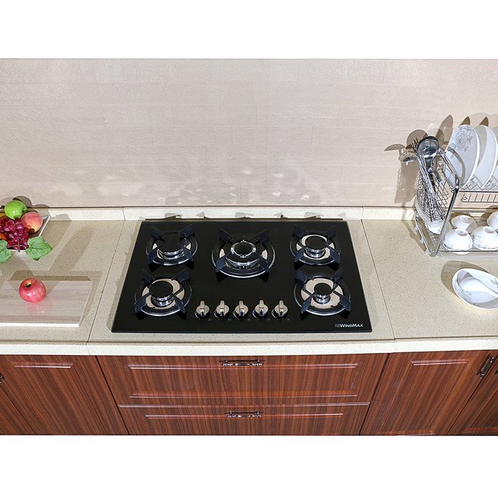 Windmax 30" Euro Design Black Tempered Glass Built-in Kitchen 5 Burners Gas Hob Cooktops N3