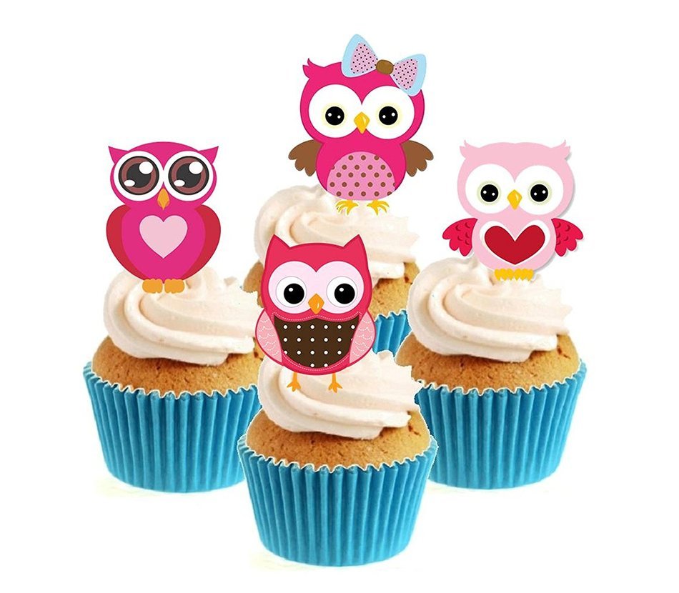 Novelty Pink Owl Mix 12 Edible Stand up wafer paper cake toppers (5 - 10 BUSINESS DAYS DELIVERY FROM UK)
