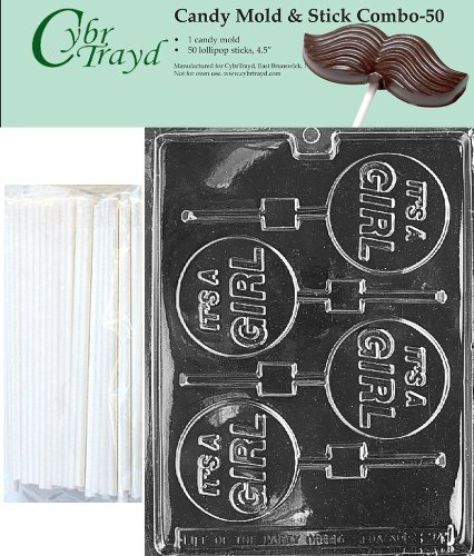 Cybrtrayd 45St50-B024 It's A Girl Lolly Chocolate Candy Mold with 50 Cybrtrayd 4.5" Lollipop Sticks