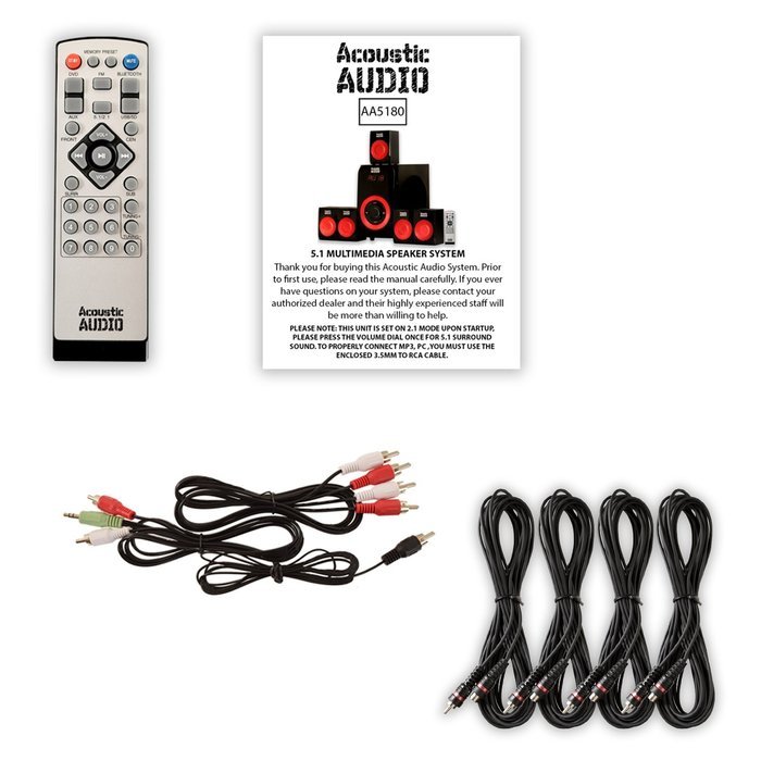 Acoustic Audio AA5180 Home Theater 5.1 Bluetooth Speaker System with FM and 4 Extension Cables N2