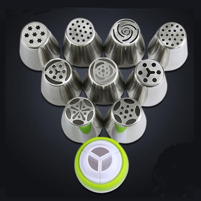 Agile-Shop 9 PCS Russian Cake Decorating Tip Stainless Steel Icing Piping Tip Nozzles Kit with 3-Color Coupler N2