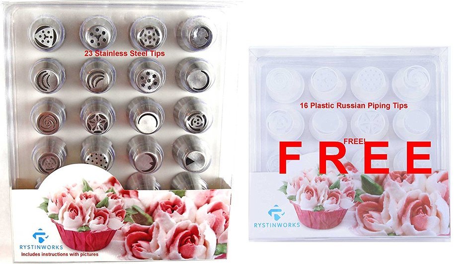 Rystinworks Russian Piping Pastry Tips - 23 Piece Set - Stainless Steel - With Instructions - Five bags Included... N8