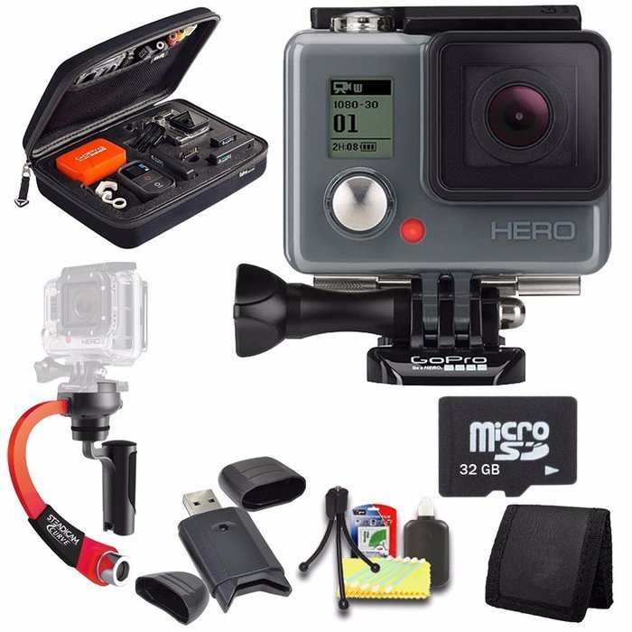 GoPro HERO Action Camera + Steadicam Curve for GoPro HERO Action Cameras (Red) + 32GB Memory Card + Case for GoPro...