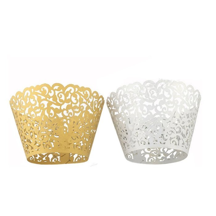 Bonayuanda Pack of 50 Filigree Vine Cupcake Wrappers Wraps Liner Wedding Party Cake Decoartion Gold+White N7
