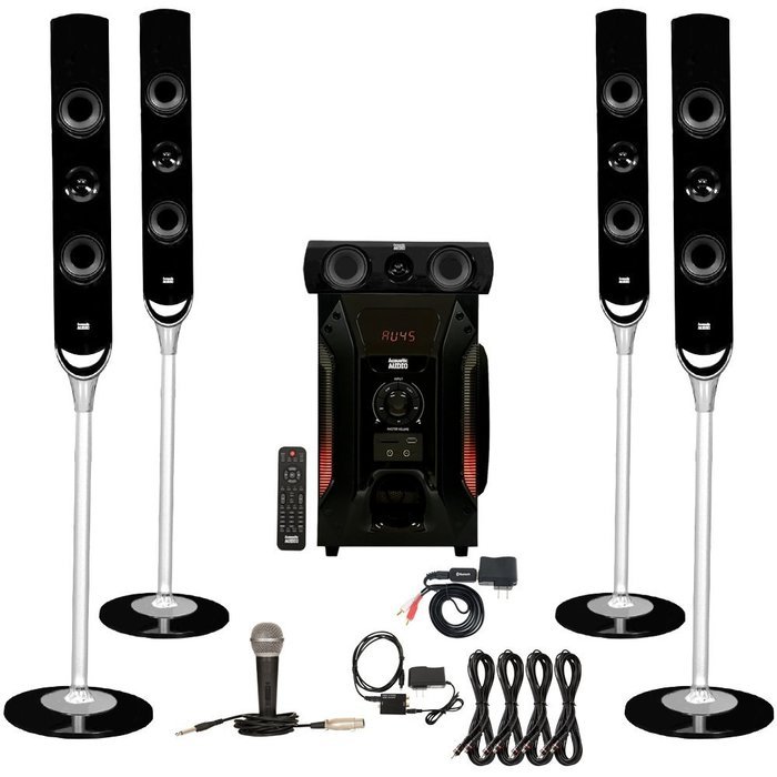 Acoustic Audio AAT1000 Tower 5.1 Speakers with Bluetooth Optical Input Mic and 4 Extension Cables N2