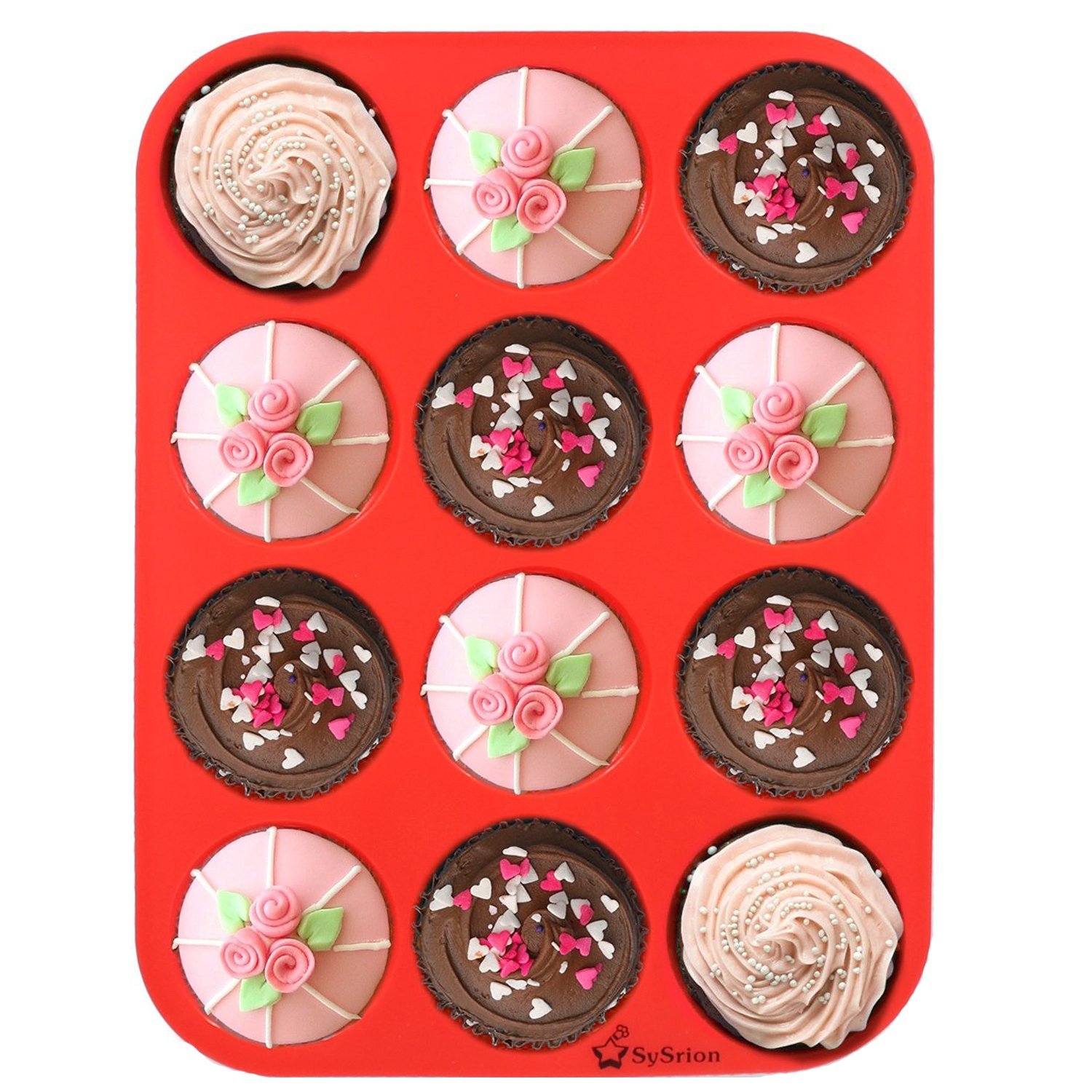 Silicone Mini Muffin Pans, SySrion 24 Cup Premium Cupcakes Pan Shapes ...