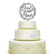 Love Grows Here Wedding Cake Topper with Laurel Wreath Mirrored Gold N3