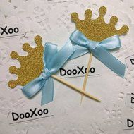 DOOXOO Crown Cupcake Toppers Blue Bow Gold First birthday party 12 Party cake toppers Gold glitter cupcake toppers... N3