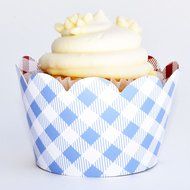 Cupcake Wrappers, Vintage Baby Blue Gingham, Rustic Red Checker, Confetti Couture Party Supplies, 36 N2