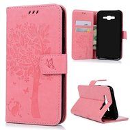 J7 Case,Samsung Galaxy J7 Case (2015 Version) - Wallet Embossed Butterflies Tree Premuim PU Leather Soft TPU Inner... N15