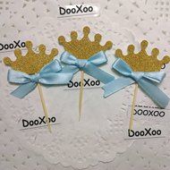 DOOXOO Crown Cupcake Toppers Blue Bow Gold First birthday party 12 Party cake toppers Gold glitter cupcake toppers... N4