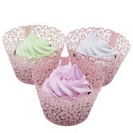 PONATIA 50 Vine Filigree Lace Cupcake Wrapper Wraps Liner Wedding Party Cake Decoartion (Pink) N26