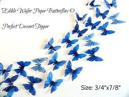 48 MINI VERY SMALL BLUE Edible Wafer Paper Butterflies&copy; Size 3/4&quot;X7/8&quot; for WEDDING CAKES BIRTHDAY CUPCAKES COOKIES...