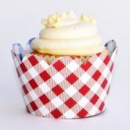 Cupcake Wrappers, Vintage Baby Blue Gingham, Rustic Red Checker, Confetti Couture Party Supplies, 36 N7
