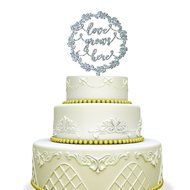 Love Grows Here Wedding Cake Topper with Laurel Wreath Mirrored Gold N4