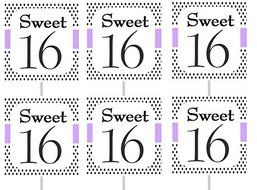 12pack Sweet 16 Birthday Cupcake Decoration Picks - Lavender Polka Dot