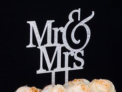 LOVENJOY with Gift Box Mr and Mrs Monogram Wedding Engagement Cake Topper (5.5-inch, Silver Glitter) N17