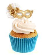 Novelty Masquerade Mask Gold 12 Edible Stand up wafer paper cake toppers (5 - 10 BUSINESS DAYS DELIVERY FROM UK)