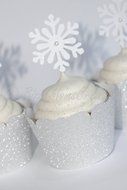 Set of 12 - White Shimmer Snowflake Cupcake Toppers &amp; Silver Glitter Wrappers-Winter Wonderland Party Decor -...