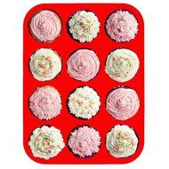 BakeWarePlus 12 Cups Silicone Muffin Pan and Cupcake Pan Maker Non - Stick Red N2