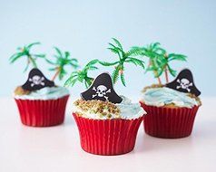 Pirate Cupcake Picks Kit - (12) Pirate Hat Topper Rings (12) Palm Tree Novelties, (32) Red Baking Cups (3/4 oz... N3