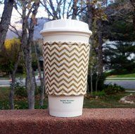 Fabric coffee cozy / cup sleeve / coffee sleeve / coffee cup holder -- Metallic gold and cream chevron N2