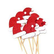 20 Pieces Fantastic Red Christmas Santa Clause Hat Golden Glitter Stars Cupcake Cake Toppers With Sticks Party... N2