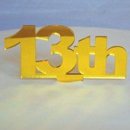 13th Cake Topper Yelllow Mirror - 10cm x 12cm inc spike