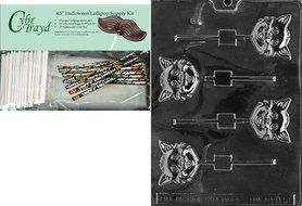Cybrtrayd 45StK25H-H051 Cat Head Lolly Halloween Chocolate Mold with Lollipop Supply Kit