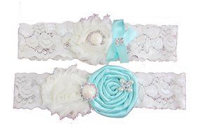 Wedding Garter Set Baby Blue Turquoise / Ivory Chiffon Flowers w/ Pearl Rhinestone Bow Lace N3