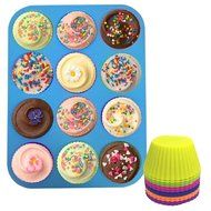 Silicone Muffin Pans, JamHoo 12 Cup Premium Large Cupcake Pan &amp; 12 Reusable Vibrant Muffin Molds / Baking Cups... N4