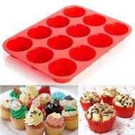 BakeWarePlus 12 Cups Silicone Muffin Pan and Cupcake Pan Maker Non - Stick Red N3