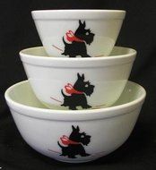 White Milk Glass Nesting Mixing Bowls Sitting Scotty Dog Design