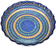 Ceramika Artystyczna Polish Hand Painted Deep Fluted Pie Pan 11" (Blue and Yellow Flowers) N2