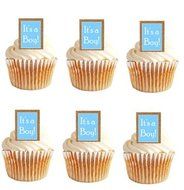 24pk Its a Boy Baby Shower Deep Burlap Brown / Blue Edible Cupcake Decoration Topper Picks